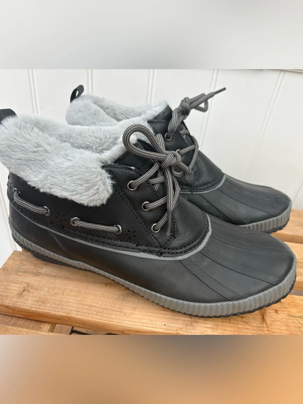 JSport by Jambu Black Winter Duck Boots with Gray Faux-Fur Collar